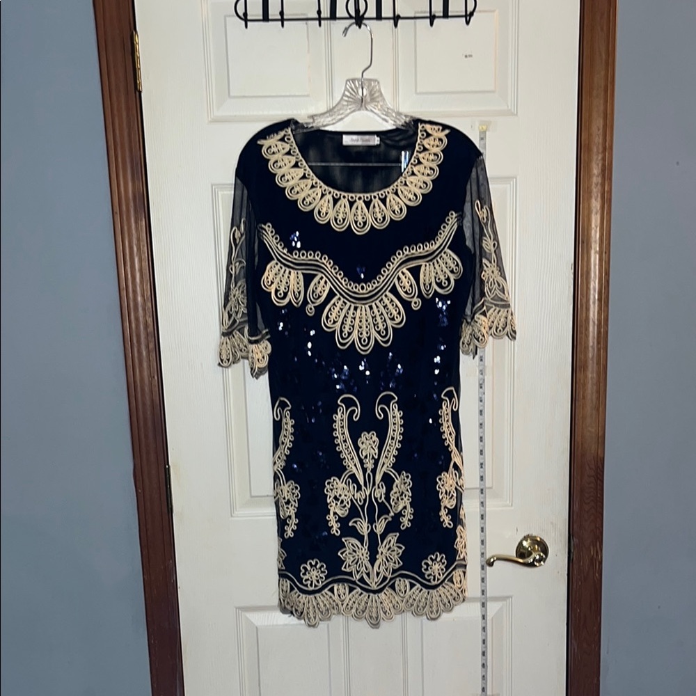 Simply couture-S-Navy-Gold embroidery,semi sheer,mesh,long tunic top/mini dress.